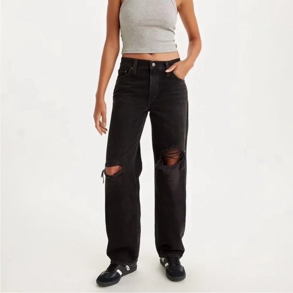 Levi's Baggy Dad in Rake It Up Black Distressed Jeans Size 24 - Picture 1 of 6